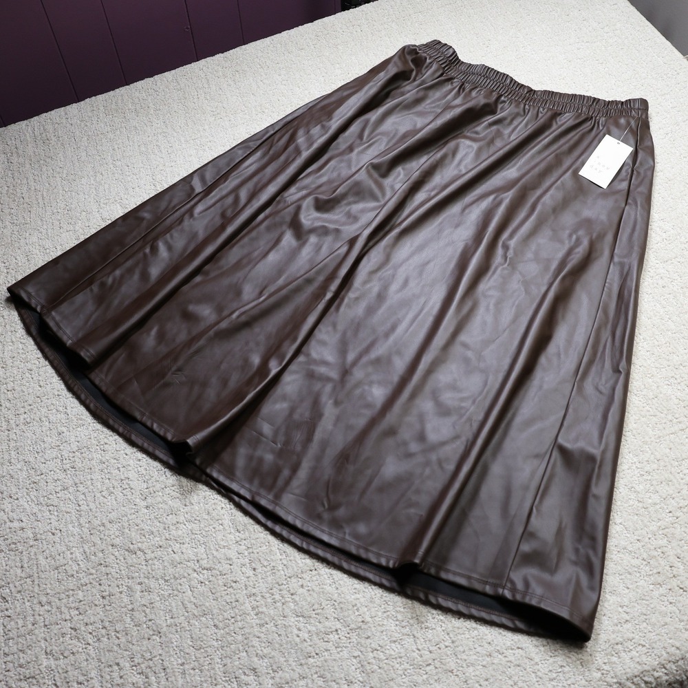 A New Day Dark Brown Faux Leather Midi Skirt Elastic Waist Large NWT